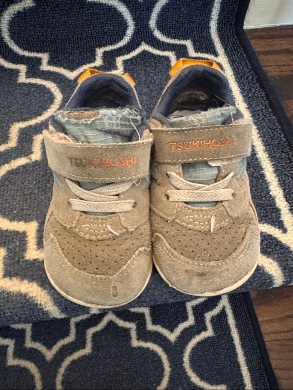Tsukihoshi Toddler Gray Suede Sneaker with Orange Accent. Size tag has worn off